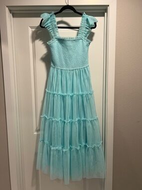 BiBi Light Aqua Smocked Tulle Dress with Ruffled Straps Size Small NWT